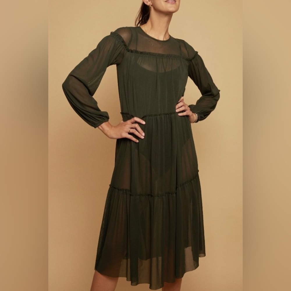 ZARA Dark Sage Long Sleeve Sheer Midi Dress
